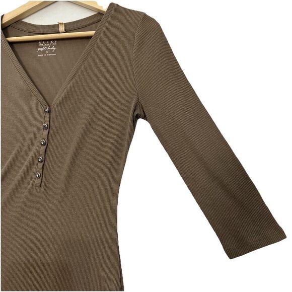Guess Ribbed Henley Top Womens S Brown Metallic Shimmer V Neck Y2K Mean Girls - Picture 4 of 11